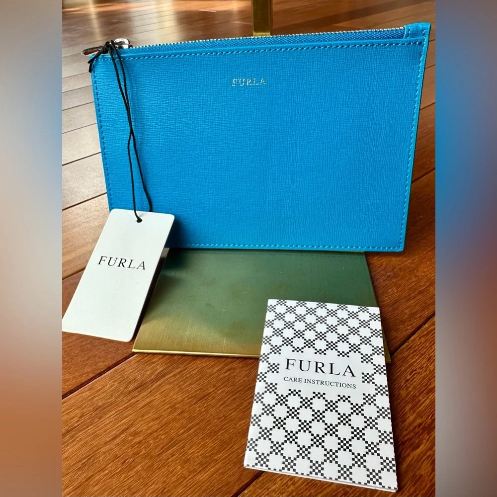 Furla Babylon Ceruleo Blue Saffiano Leather Envelope Pouch and Dust Bag - Picture 3 of 6